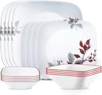 Corelle Kyoto Leaves 16pc, Service for 4, Dinnerware Set, 8 plates bowls, Chip & Break Resistant, Dinner and Corelleware White