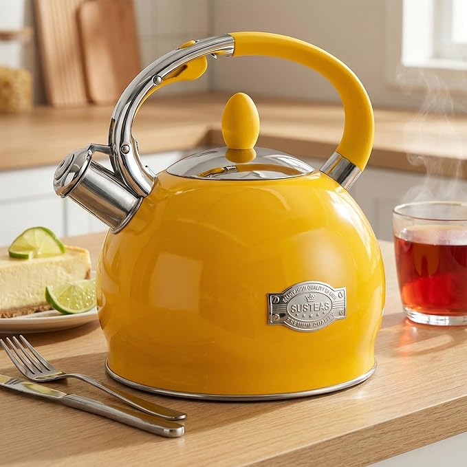 SUSTEAS Stove Top Whistling Tea Kettle - Food Grade Stainless Steel Teakettle Teapot with Cool Touch Ergonomic Handle, With 1 Silicone Pinch Mitt Included, 2.64 Quart,YELLOW