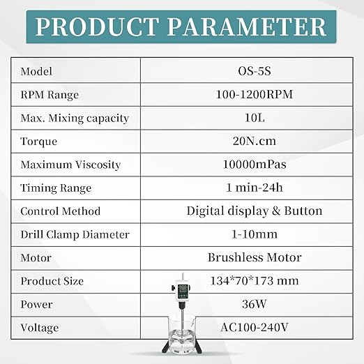 OS-5S Digital Overhead Stirrer 10L(H₂O) Lab Stirrer H-Base Stainless Steel Stand & 1 Stirring Paddle | 100-1200RPM,10000 mPas,Timing 1min-24h