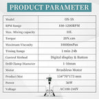 OS-5S Digital Overhead Stirrer 10L(H₂O) Lab Stirrer H-Base Stainless Steel Stand & 1 Stirring Paddle | 100-1200RPM,10000 mPas,Timing 1min-24h
