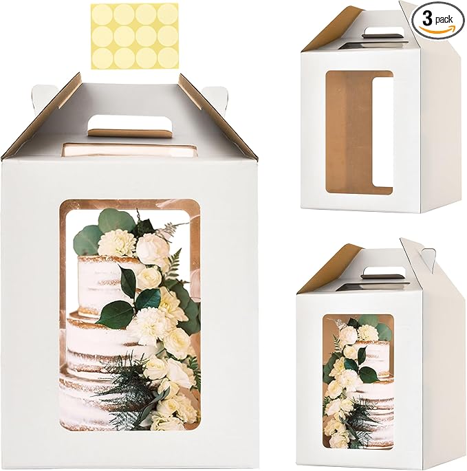 3 Pack Tall Cake Boxes for Tier Cakes,12 x12x14 Inches Large Tiered Cake Carriers with Windows,10in 12in Disposable Layer Tall Baking boxes with Handle for Birthday,Wedding,Party