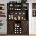 4ever2buy Farmhouse Coffee Bar Cabinet with 4 Mug Hooks, 72 Inch Wine Bar with with Hutch and 2 Sliding Barn Doors, Tall Coffee Bar with 9 Wine Racks for Living Dining Room, Dark Oak