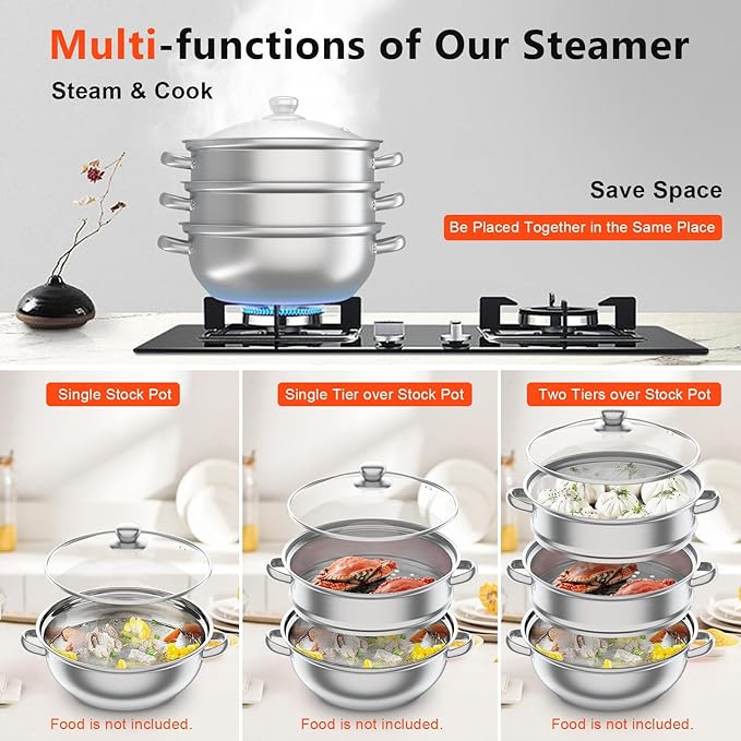 Steamer for Cooking, 3-Tier Stainless Steel Steamer Pot, 12.8 Inch Multipurpose Stackable Cooking Steam Pot Kitchen Cookware with Glass Lid for Induction, Gas, Electric Stoves
