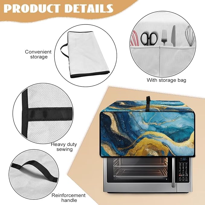 Marble Print Toaster Oven Dust Cover for Kitchen Counter, Heavy Duty Heat-resistant Microwave Oven Protective Cover Air Fryer Covers, Blue & Gold (Medium-16.1 * 19.71 * 10 inches)