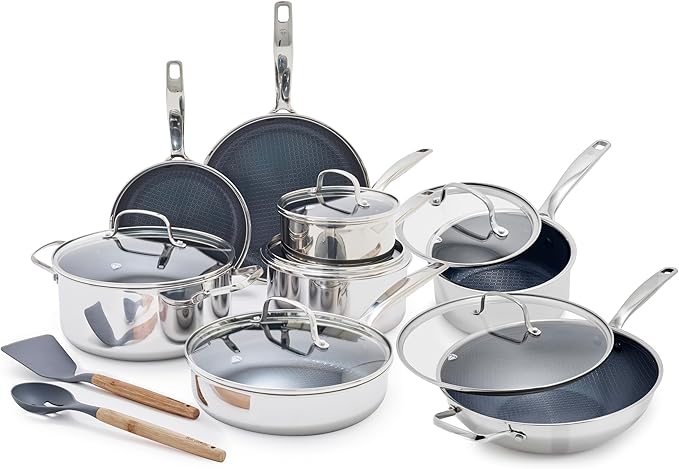 Blue Diamond Hybrid Nonstick Stainless Steel 16 Piece Cookware Set, Tri-Ply PFAS-Free Ceramic Diamond Bond Pots & Pans, Dishwasher & Oven Safe to 850F, Induction Ready, Metal Utensil Safe, Silver