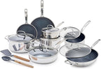 Blue Diamond Hybrid Nonstick Stainless Steel 16 Piece Cookware Set, Tri-Ply PFAS-Free Ceramic Diamond Bond Pots & Pans, Dishwasher & Oven Safe to 850F, Induction Ready, Metal Utensil Safe, Silver