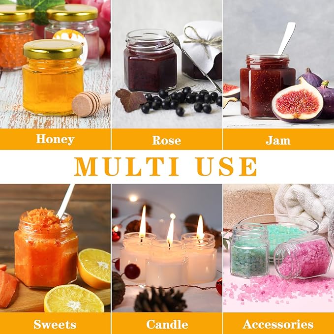 BIGIVACA 1.5 oz Mini Honey Jars - 60 Pack Hexagon Glass Jars with Wood Dippers, Gold Lids, Bee Pendants, Jutes, Stickers,Tags for Wedding Favors, Party Favors, Candle Making