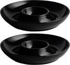 LEHAHA Porcelain Chip and Dip tray, set of 2, Ceramic Divided Serving Tray for Parties, Round Dip Platter and Salsa bowl Perfect for chips, salsa, candy, olives, nuts, fruit and veggies, Bright Black