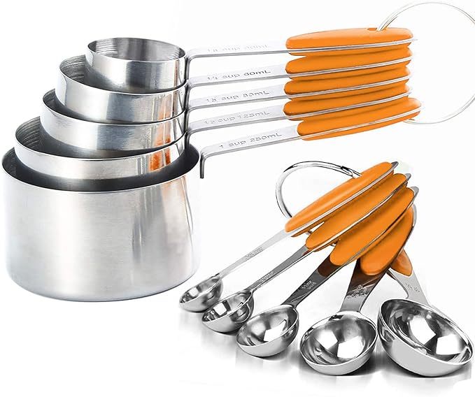 Measuring Spoons and Cups Set of 10 Pieces, Stainless Steel Measuring Utensils with BPA-Free Silicone Grips,Metal Scale Tools for Kitchen Cooking Baking, Dishwasher-Safe (Orange)