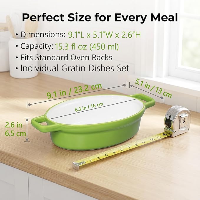 Oval Au Gratin Baking Dishes 6" x 5" for Oven Safe Cooking and Baking, Set of 4, 15 OZ Heat Resistant Ceramic Individual Gratin with Handles for Serving, Small Mini Casserole Dish, Green