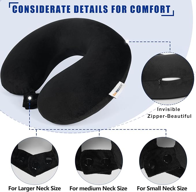 SAIREIDER Neck Pillows for Travel 100% Memory Foam Adjustable Travel Pillows with Storage Bag, Sleep Mask and Earplugs-Prevent The Heads from Falling Forward (Black)