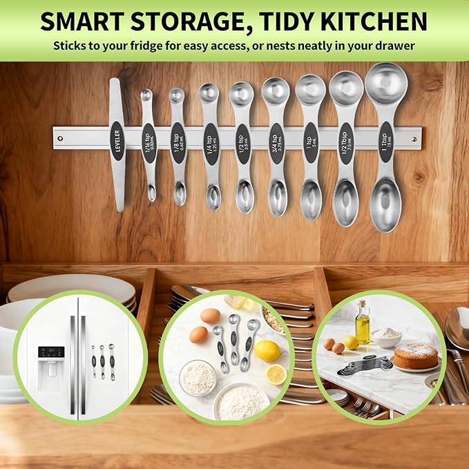 Magnetic Measuring Spoons Set Stainless Steel with Leveler, Dual-Sided Metal Measuring Spoons for Baking & Cooking, Fits in Spice Jars, Must-have Kitchen Gadgets, 8 Measuring Spoons & 1 Leveler, Black