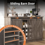 4ever2buy Farmhouse Coffee Bar Cabinet with 3 Storage Hutch, 47”Coffee Bar with Sliding Barn Doors, Hutch Cabinet with 6 Hooks & 9 Wine Racks for Dining Room, Kitchen, Wash Grey