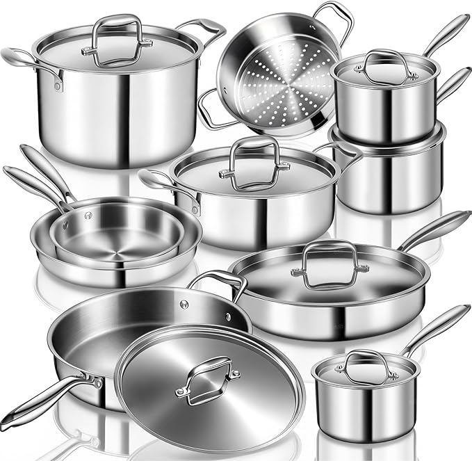 EWFEN Stainless Steel Cookware Set, 3 Ply 17 Piece Stainless Steel Pot and Pan Set, Oven Dishwasher Safe | Induction Compatible Frying Pans, Saucepans, Saute Pan & Stock Pot, PFOA, PTFE & PFOS Free