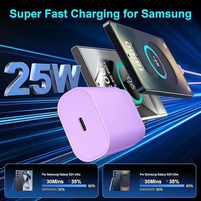Super Fast Charger Type C, 25W USB C Wall Charger Fast Charging for Samsung Galaxy S25 Ultra/S25/S25+/S24+/S24 Ultra/S24/S24+/S23 Ultra/S22 Ultra/S21 Ultra with 10FT Long Type C Charger Cable 2Pack