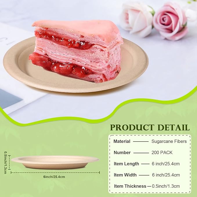 Small Paper Plates 6 inch, Compostable Eco Friendly Disposable Plates for Appetizer, Cake, Dessert