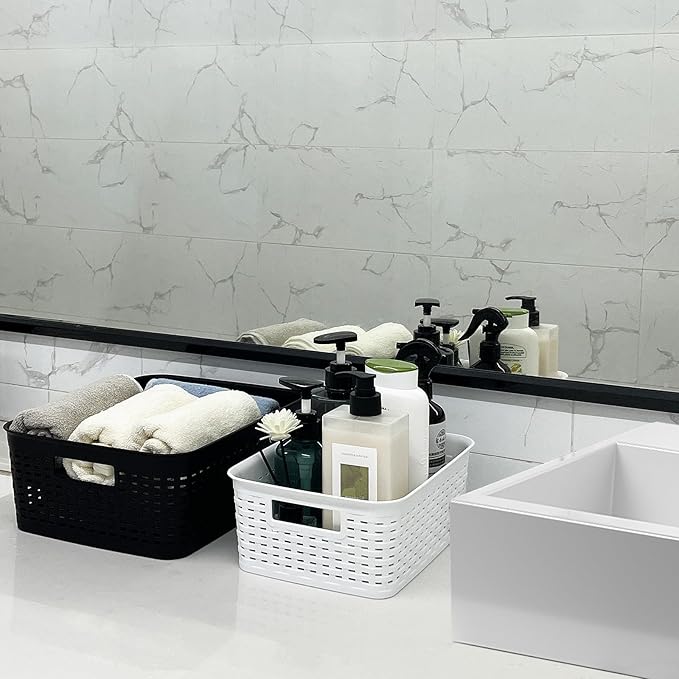 Soddeph Plastic Storage Baskets for Cabinets, Household Pantry Organization with Handle,Organizer Bins for Room,Bathrooms,Under-Sink,Kitchen (White, S-5PACK)