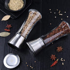 Elegant Pepper and Salt Grinder Set of 2, Best Spice Mill with Brushed Stainless Steel Cap, Ceramic Blades, Adjustable Coarseness, and Refillable Tall Glass Body with 6OZ Capacity (7.5").