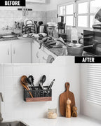 Utensil Holder for Kitchen Counter, Cooking Utensil Holder with Stone Drying Mat for Storage Spatula, Ladle, Scoop in Farmhouse Countertop with Wooden Pattern Printed, Matte Black