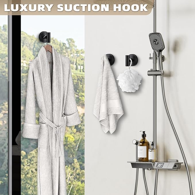 Suction Cup Hooks for Shower - Bathroom Reusable Hooks for Towels, Robes & Loofah - No-Drill Mounting on Kitchen, Walls, Metal, Glass, Mirrors, Tile & Smooth Non-Porous Surfaces Matte Black 4 Pack