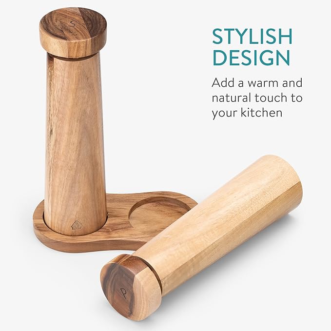 Navaris Salt and Pepper Mill Set with Tray - Adjustable Acacia Wood Salt and Pepper Grinders Shakers with Ceramic Grinding Core for Home, Restaurants