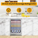 24 Inch Beverage Refrigerator,190 Cans Freestanding/Under Counter Beverage Fridge with Glass Door,Air Cooling Wine Beverage Cooler with Reversible Door,Memory Function for Wine,Beer and Soda