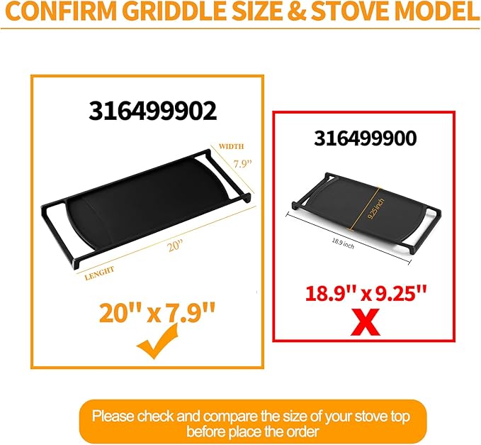 Upgraded 316499902 Griddle Replacement for Frigidaire Gas Stove Griddle 20"x7.9" Cast Iron Center Burner Griddle Plate Frigidaire Gallery Gas Range Cooktop Parts Stovetop Middle Flat Top Griddle Pan