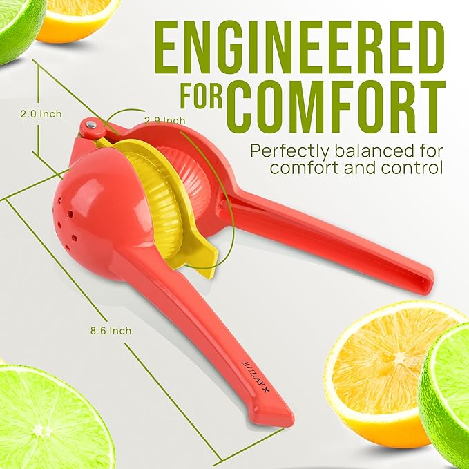Zulay Kitchen Metal 2-in-1 Lemon Squeezer - Sturdy Max Extraction Hand Juicer Lemon Squeezer Gets Every Last Drop - Easy to Clean Manual Citrus Juicer - Easy-Use Lemon Juicer Squeezer - Red/Yellow
