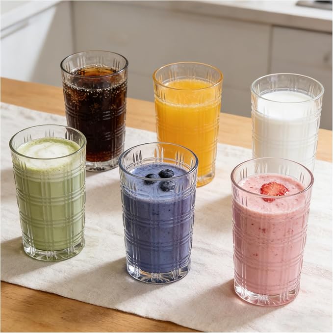 Crystal Highball Glasses Set Of 6-14 Ounce Clear Tom Collins Glasses - Textured Designer Glassware For Whiskey,Drinks, Water, Beer, Soda