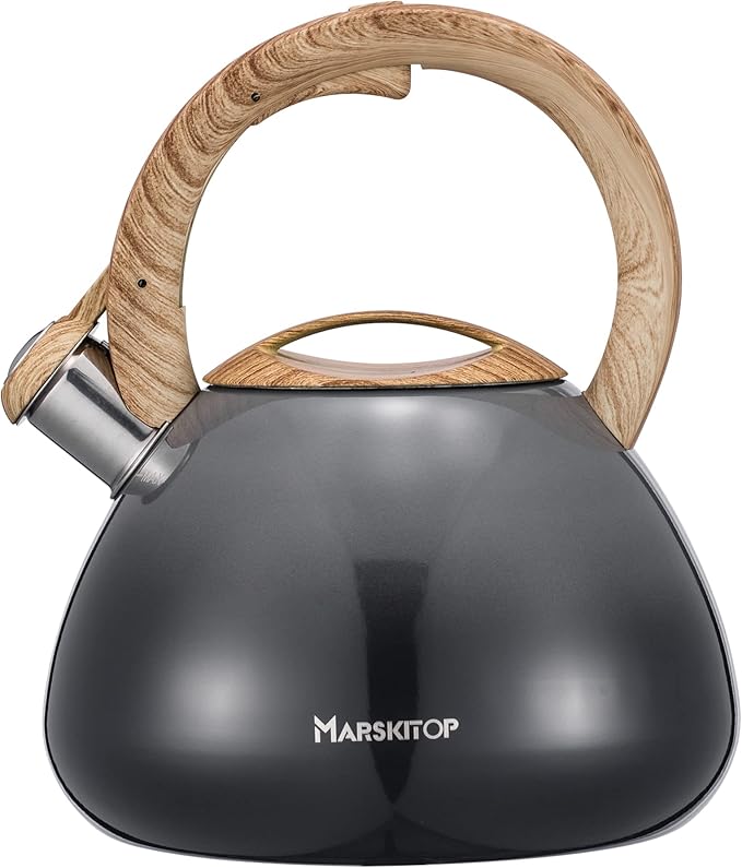 MARSKITOP Tea Kettle Stovetop Whistling Tea Pot for Stove, Food Grade Stainless Steel Teapot for Stovetop with Anti-Hot Handle, Suitable for All Heat Sources, 2.6 Quart, Gray