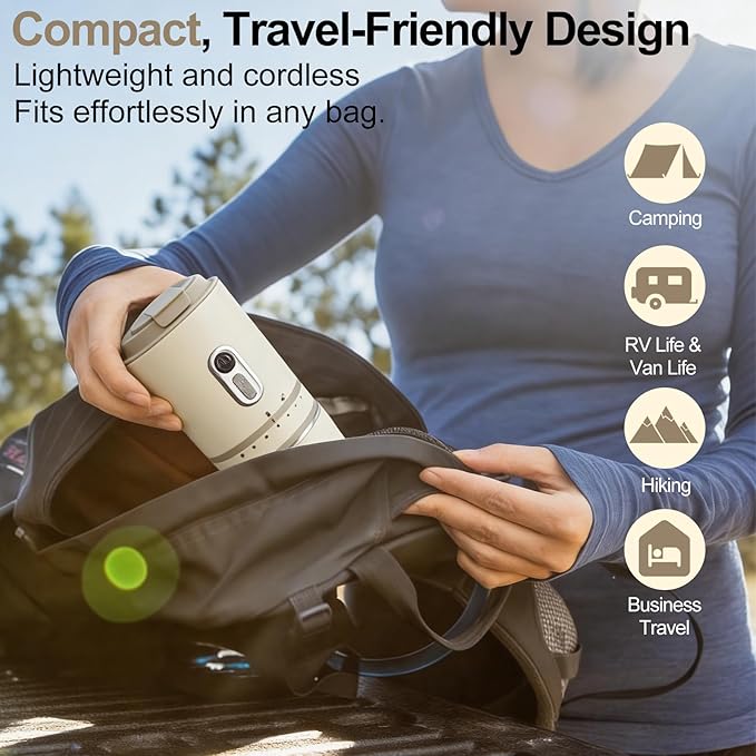 ALL-IN-ONE Portable Coffee Maker with Grinder and Pour Over for Travel, Rechargeable, Conical Burr, Cordless Mini Coffee Maker for Car, Camping, RV, Van