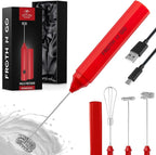 Zulay Froth N Go Milk Frother – Rechargeable 3-in-1 Handheld Frother Wand with Travel Case & USB-C Charger – Single, Double & Egg Whisk for Latte, Cappuccino, Matcha, Protein Shakes – Red