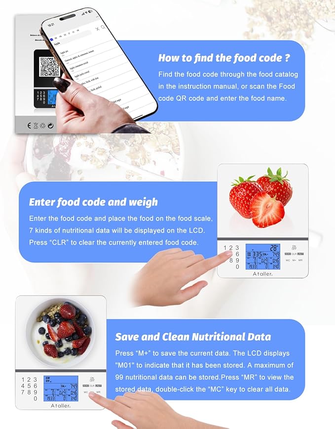 Ataller Food Scale with Nutritional Calculator, Digital Kitchen Scale, Food Scales for Kitchen, Calorie Calculator for Meal Prep, and Weight Loss, Units in Lbs, Grams, Ounces, Batteries Included