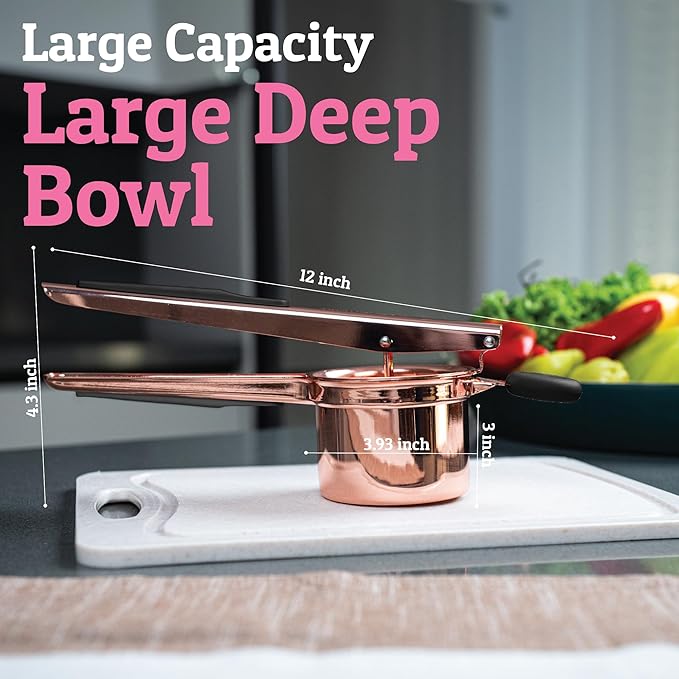 PriorityChef Large 15oz Potato Ricer, Heavy Duty Stainless Steel Potato Masher and Ricer Kitchen Tool, Press and Mash Kitchen Gadget For Perfect Mashed Potatoes - Everytime, Rose Gold and Black