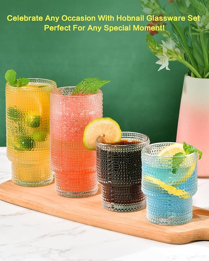 ISMASOAN Hobnail Drinking Glasses Set of 12, Stackable Glasses 12 oz and 7 oz, Bubble Glasses Drinking, Vintage Glassware, Beaded Glassware, Highball Glasses, Gift Box Set