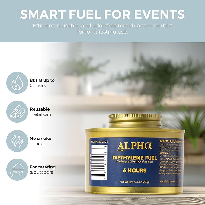Alpha Living - Luxe Gold Edition - 6 Hour Chafing Fuel - Food Warmer for Chafing Dish Buffet Set - Liquid Safe Fuel with Wick & Lid Opener for Chafing Dish Gold Canister for Luxry Events (12 Pack)