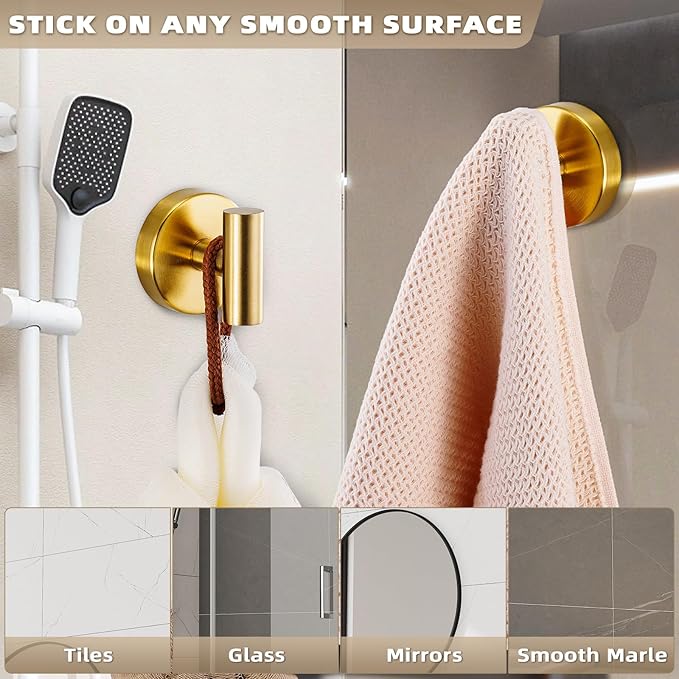 Suction Cup Hooks for Shower - Bathroom Reusable Hooks for Towels, Robes & Loofah - No-Drill Mounting on Kitchen,Walls,Metal,Glass,Mirrors,Tile & Smooth Non-Porous Surfaces (4, Brushed Gold)