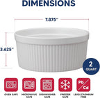 HIC Kitchen Souffle, Fine Porcelain, For Baking Souffles, Casseroles, Side Dishes, And Desserts, 64-Ounce (2-Quart) Capacity