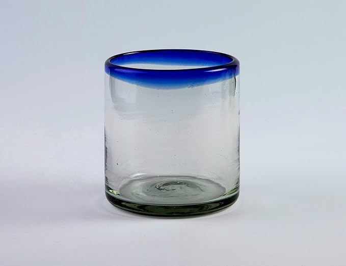 7 oz Hand Blown Mexican Drinking Glasses - Set of 2, 7 fl oz each, Cobalt-Blue Rim