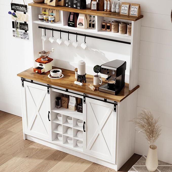 4ever2buy Farmhouse Coffee Bar Cabinet with Storage, 47”Coffee Bar with Sliding Barn Doors and 3 Storage Hutch, Hutch Cabin et with 6 Hooks & 9 Wine Racks for Dining Room, Kitchen, White