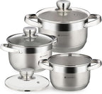 Daniks Standard 6-Piece Stainless Steel Induction Cookware Set, Dishwasher Safe Pots, Measuring Scale, Glass Lids, For Soup, Pasta, Stew, Silver