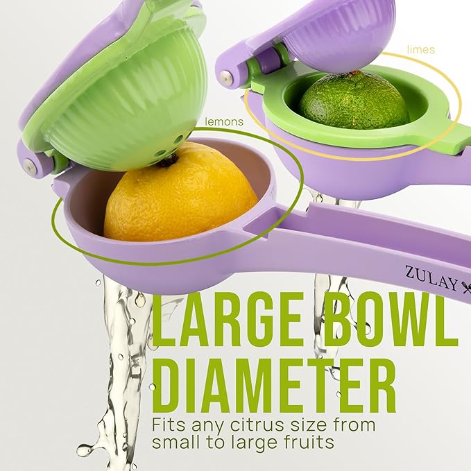 Zulay Kitchen Metal 2-in-1 Lemon Squeezer - Sturdy Max Extraction Hand Juicer Lemon Squeezer Gets Every Last Drop - Easy to Clean Manual Citrus Juicer - Easy-Use Lemon Juicer Squeezer - Purple/Lime