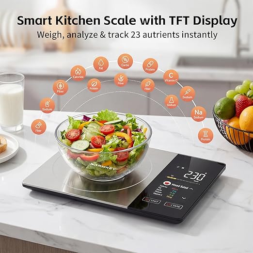 Dual Display Smart Food Scale with Nutritional Calculator, Bluetooth Calorie & Macro Tracker, 1g Precision 5kg/11lb Gram Oz, Digital Kitchen Scale for Meal Prep & Healthy Diet