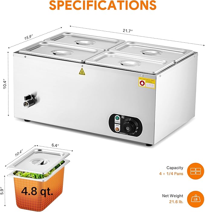 WILPREP Commercial Food Warmer with Four 1/4 Pans, 1500W Countertop Electric Steam Table, 86-185°F Adjustable Temp Control & Over-Temp Protection, Stainless Steel Buffet Bain Marie