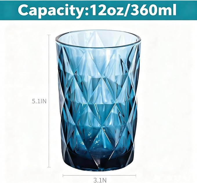Bandesun Drinking Glass set of 6 Modern Glassware Diamond Pattern Tumbler Cup（12 OZ），for Water，Cocktail，Milk，Juice and Beverage