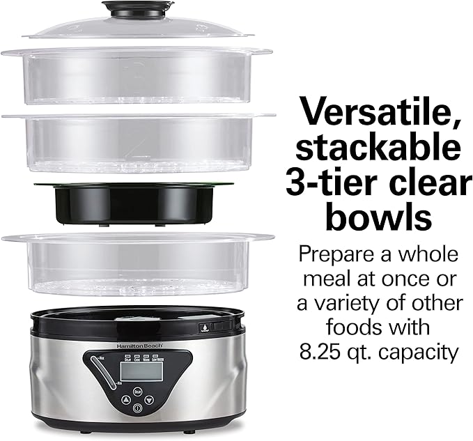 Hamilton Beach Digital Electric Food Steamer & Rice Cooker for Quick, Healthy Cooking with Stackable Three-Tier Bowls for Vegetables and Seafood, 8.25 Quart, Black & Stainless Steel