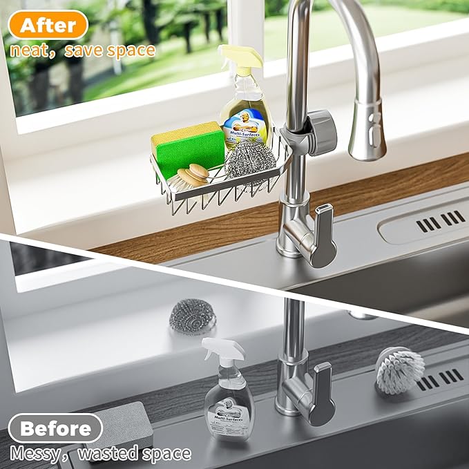LONIN Stainless Steel Kitchen Sink Organizer Caddy – Over Faucet Sponge & Brush Holder, Rust-Resistant, Adjustable Universal Fit Faucet Rack, Quick Drain Sink Space Saver