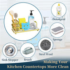Consumest Sponge Holder for Kitchen Sink - Sink Caddy Organizer with Water Absorbing Stone Tray, Detachable Brush Holder, Stainless Steel Kitchen Counter Organizer Rack, Gold