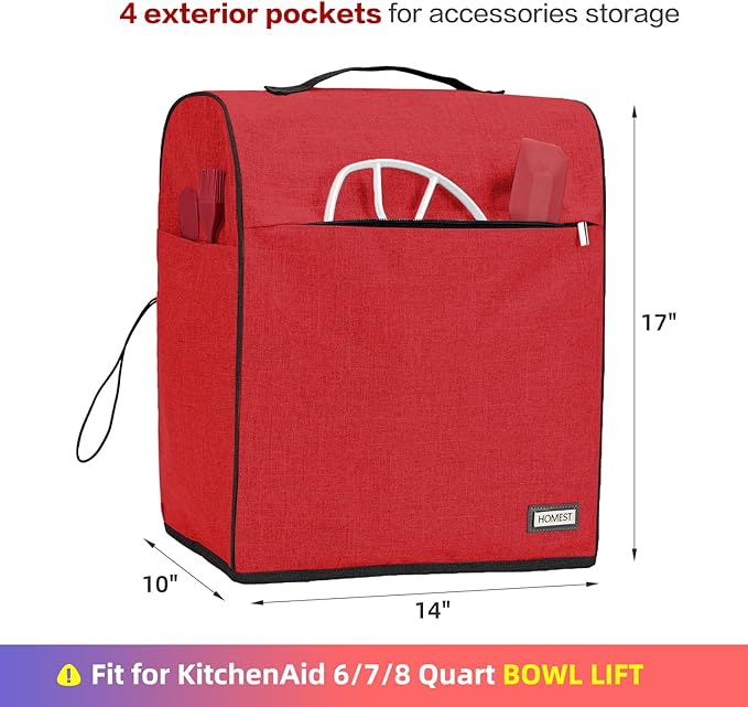 HOMEST Stand Mixer Cover Compatible with KitchenAid 6/7/8 Quart Bowl Lift，Dust Cover with Zipper Pocket for Accessories, Red (Patent Design)
