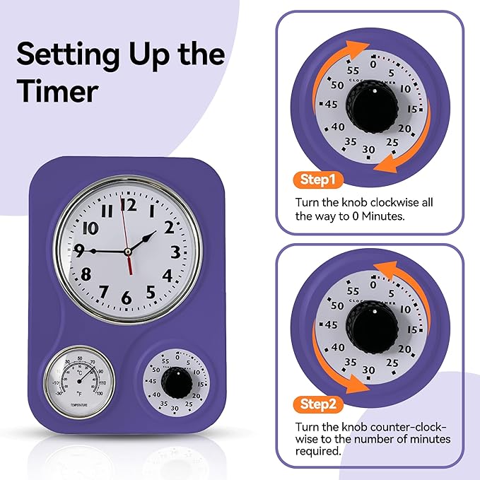 Lily's Home - 9.5 Inch x 12.5 Inch - Retro Kitchen Wall Clock, Vintage Wall Clock with a Thermometer and 60-Minute Timer, Ideal for Any Kitchen, Office, or Diner (Purple)